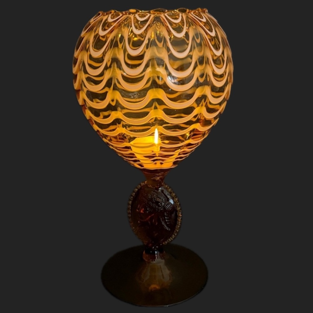 Empoli Glass Compote With Enamel Overlay Drape Pattern & Double Sided Cameo Stem